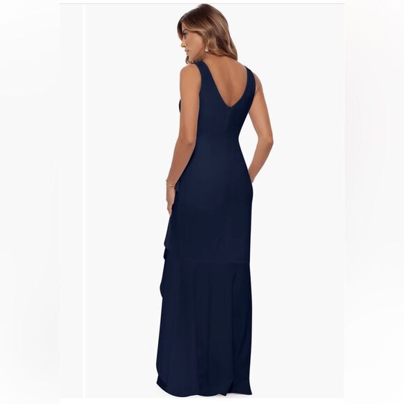 Betsy & Adam V Neck Cascade Ruffle High Low Gown - Picture 2 of 5